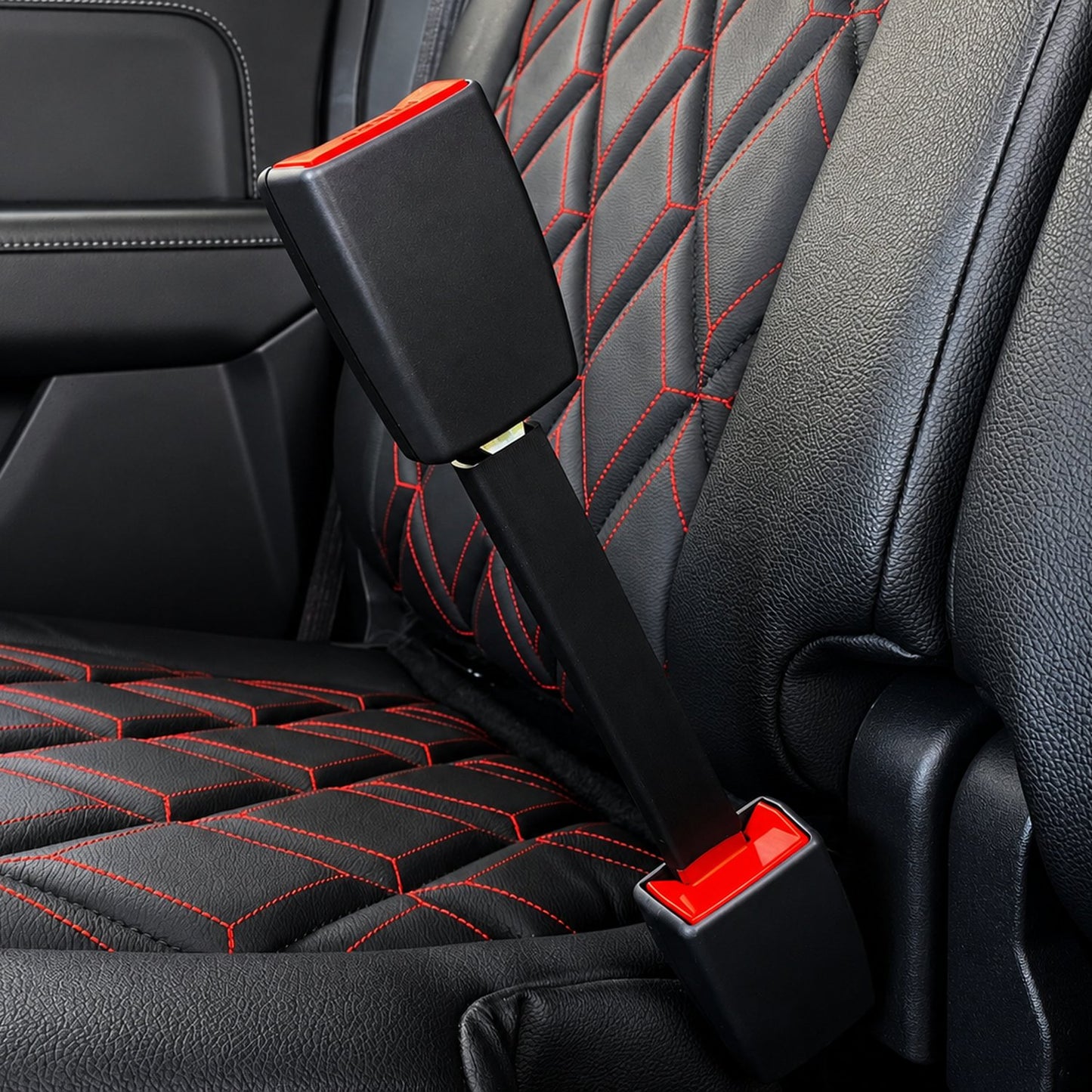 Black red button seat belt extender extension safety certified meets fmvss standards e4 e8 e9
